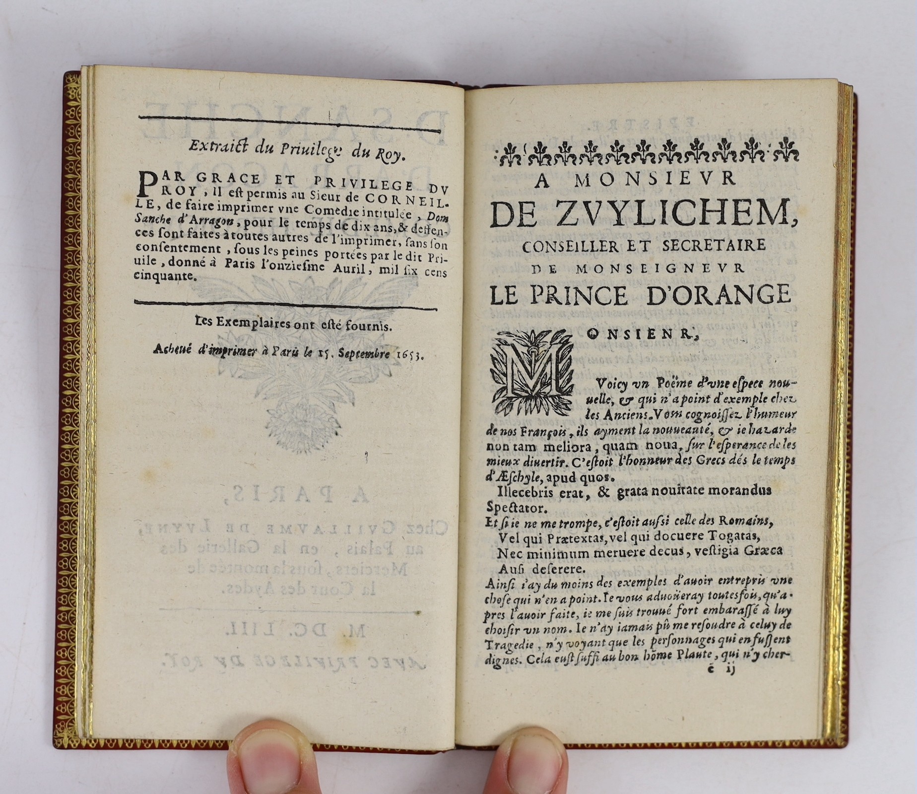 Cornielle, Pierre - Don Sanche d’Aragon, comedie heroique, 2nd edition, 12mo, later red morocco by Belz-Niedree, Guillaume de Luyne, Paris, 1653